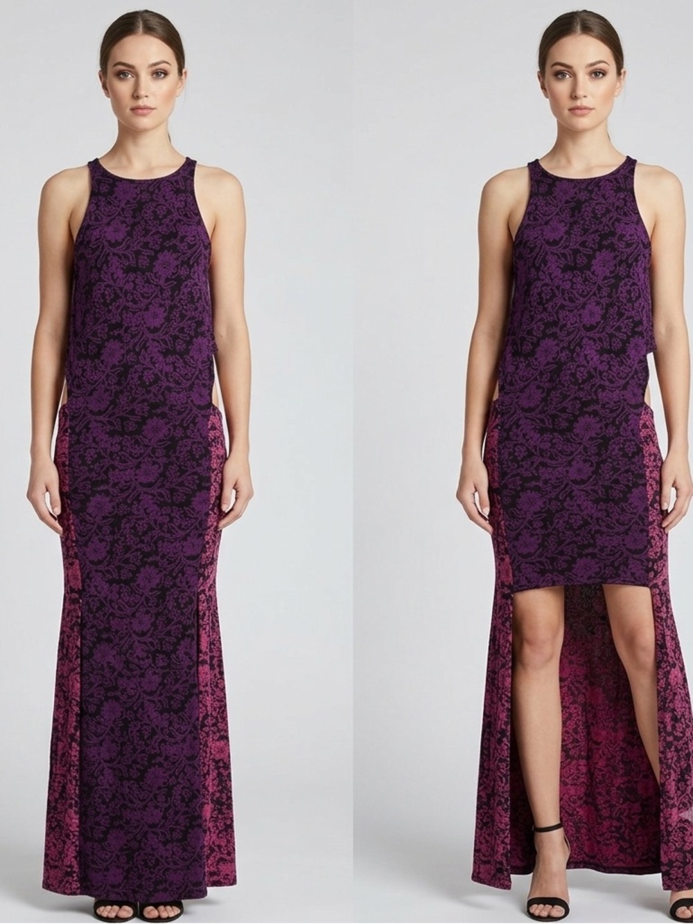 Indah Purple Floral Cutout High Low Maxi Dress S Draped Overlay Bali Resort